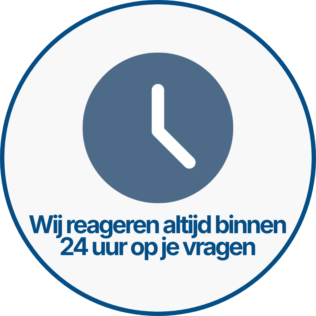 Een ronde badge met een klokicoon en de tekst in het Nederlands: "Wij reageren altijd binnen 24 uur op je vragen."