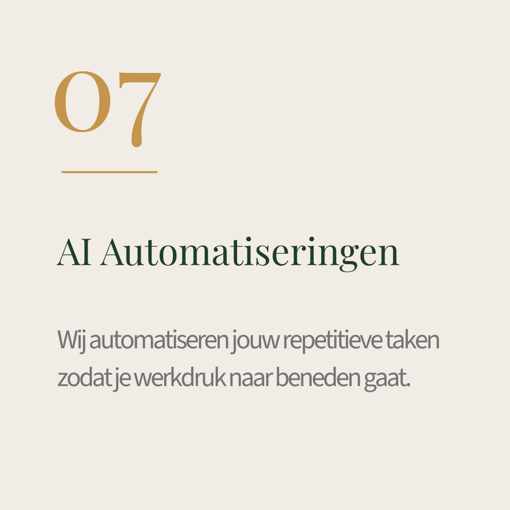 Een pagina met de datum 07 en de tekst 'AI Automatiseringen' en een korte beschrijving die zegt dat automatisering repetitieve taken vermindert.