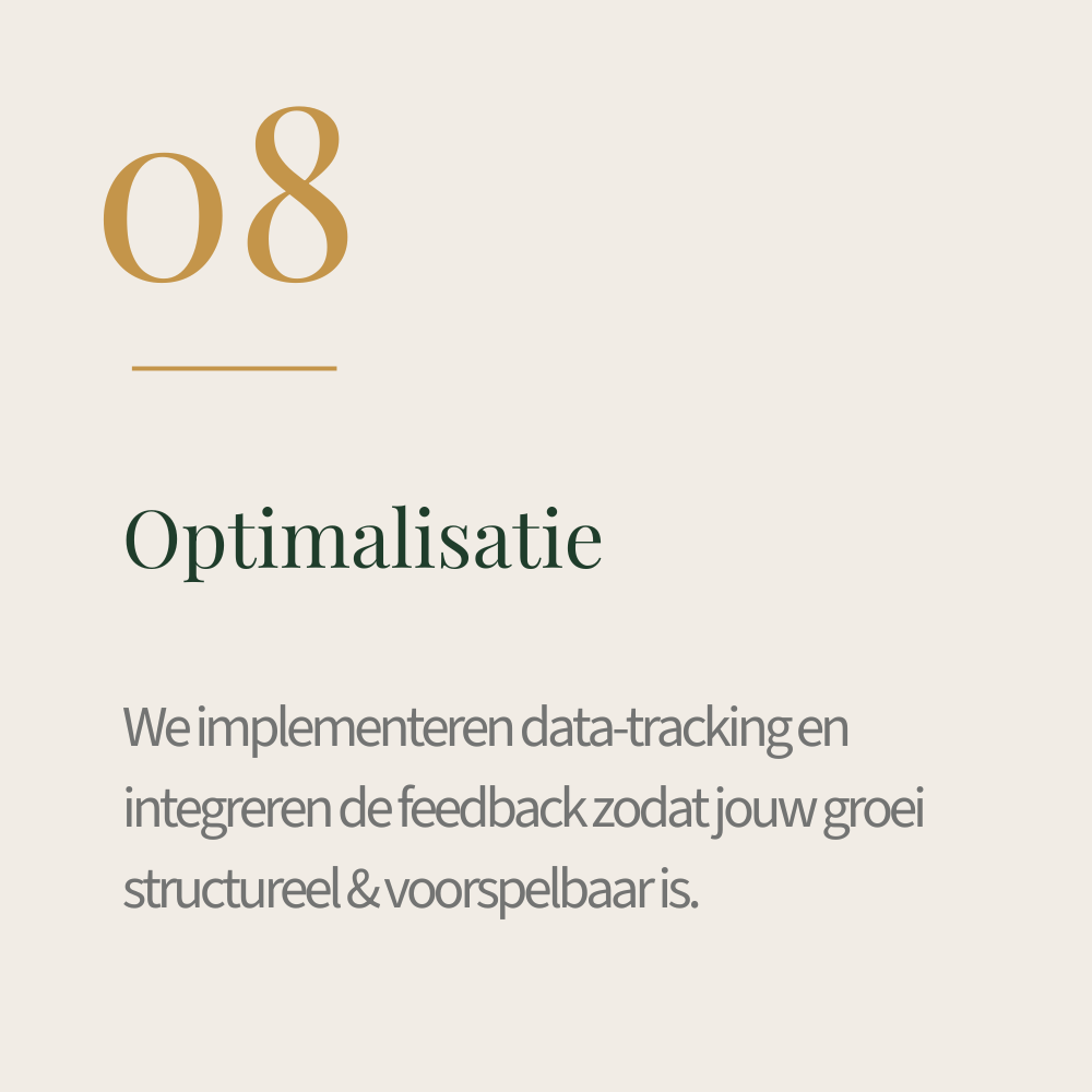 Pagina met de titel 'Optimalisatie' en de tekst 'We implementeren data-tracking en integreren de feedback zodat jouw groei structureel & voorspelbaar is.'