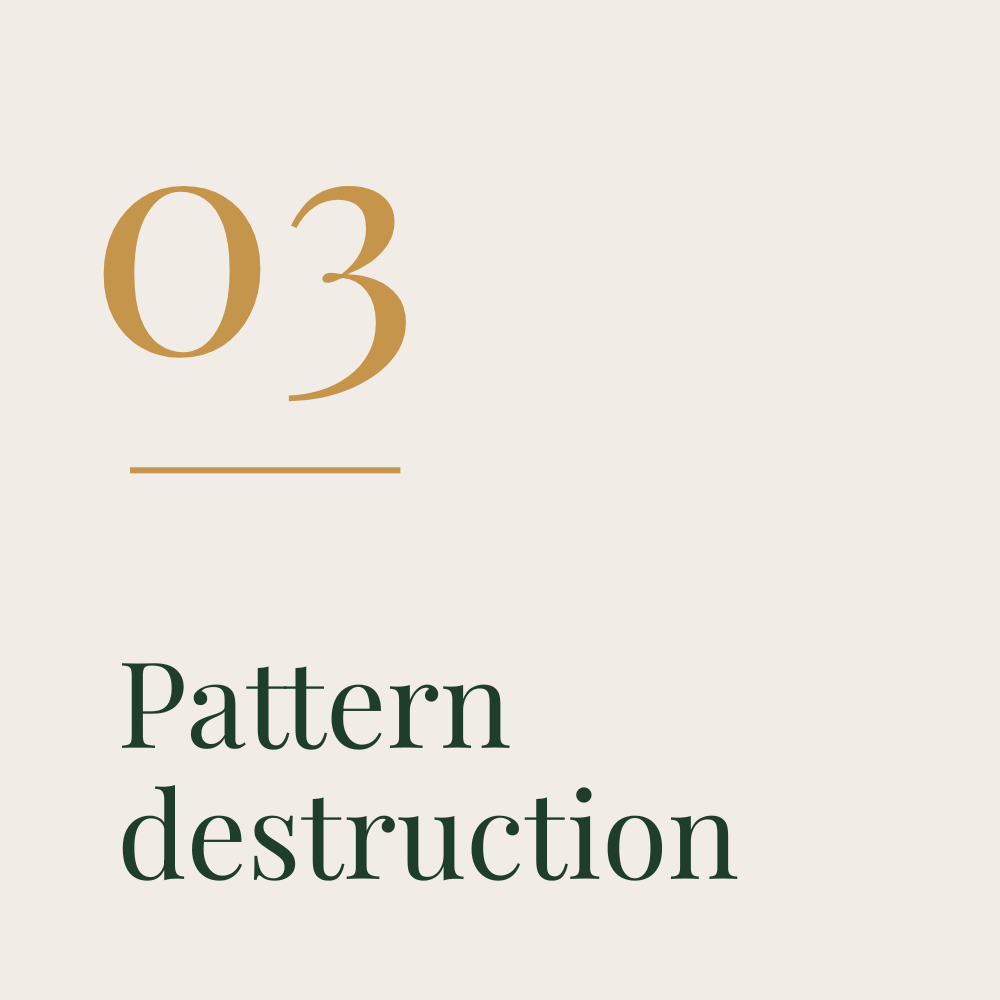 Tekst op een boekomslag met de woorden 'Pattern destruction' en een grote '03' erboven