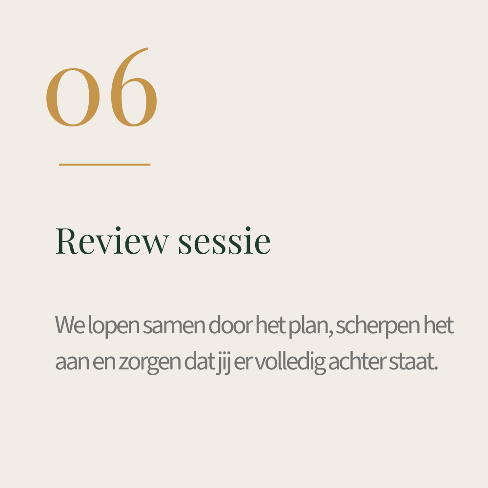 Een scherm met een overzicht van een sessie, weergegeven met een groot nummer 06, de tekst 'Review sessie' en een beschrijving in het Nederlands over het samen door het plan lopen en de aandacht voor volledige achterstand.