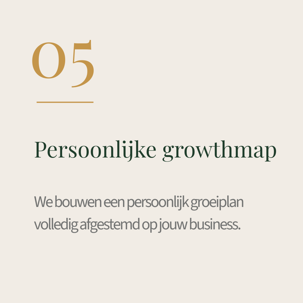 Een ontwerp met de tekst 'Persoonlijke growthmap' en de datum '05', met een korte beschrijving over het bouwen van een persoonlijk groeiplan afgestemd op jouw business.