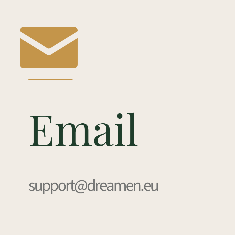 Contactgegevens voor e-mail support@dreamen.eu met een e-mail icoon.