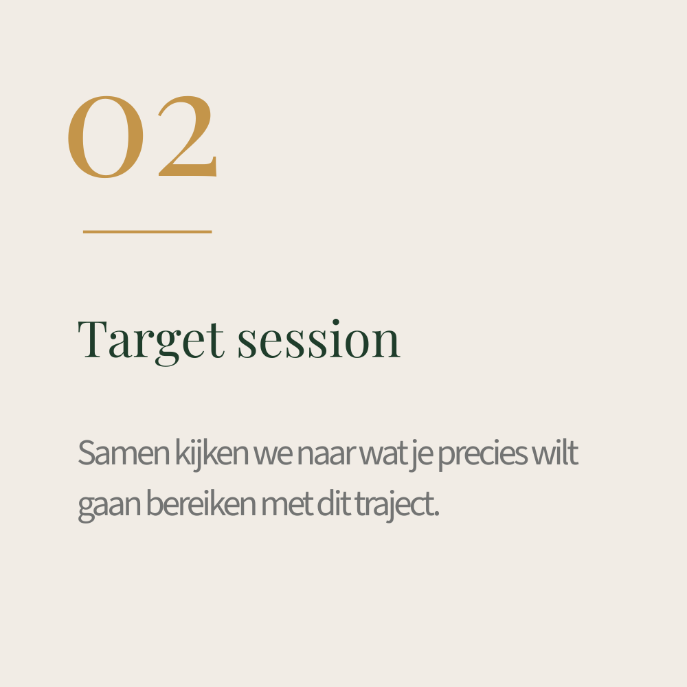 Pagina met getal 02, titel 'Target session', en tekst in het Nederlands over het bekijken van doelen en trajecten.