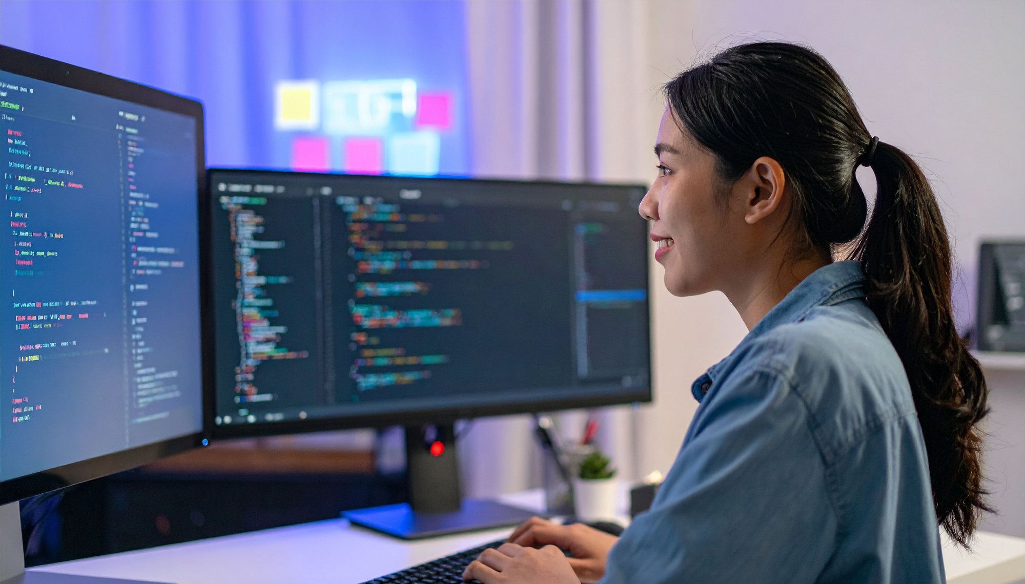 A woman with dark hair tied back in a ponytail working on a computer with multiple screens displaying lines of code.