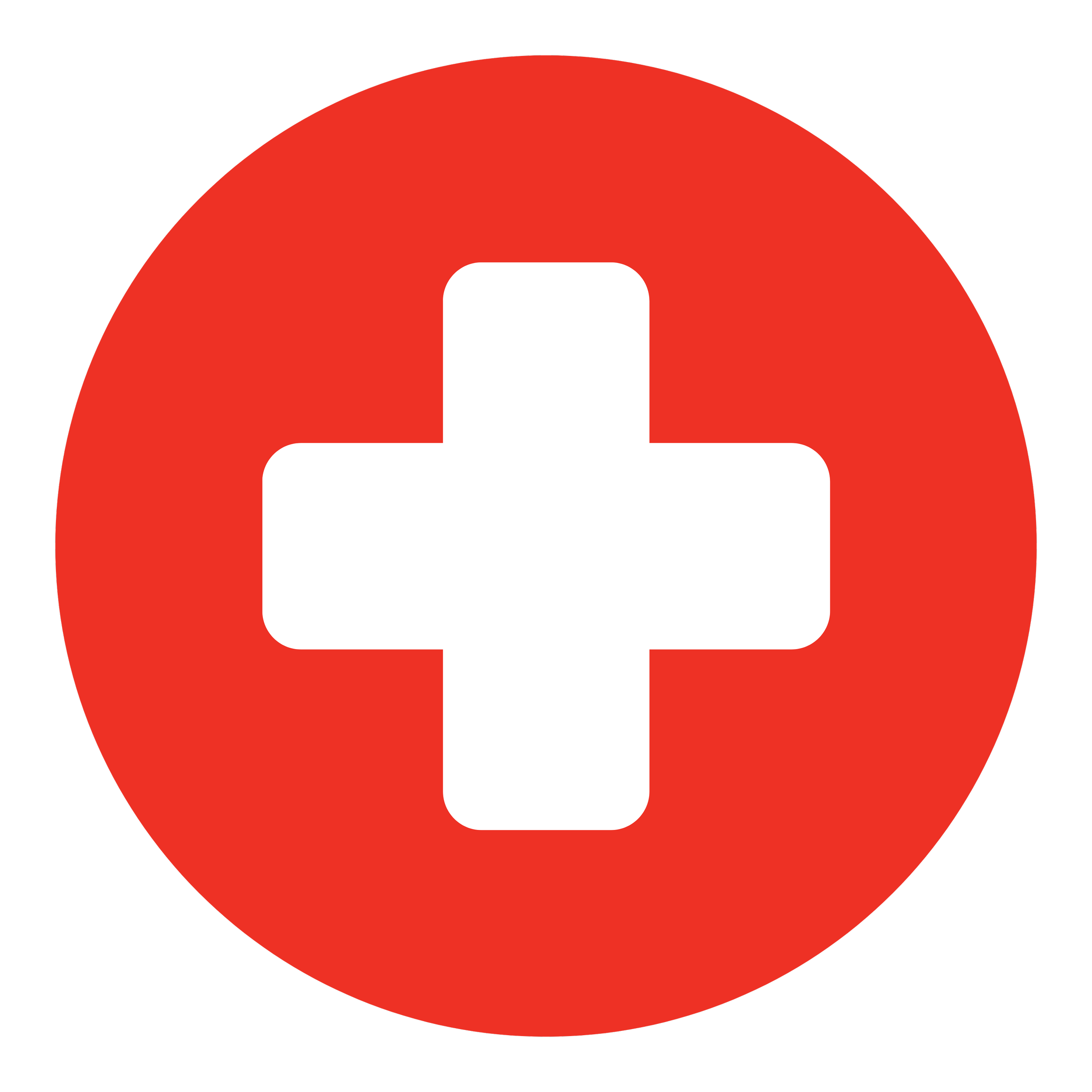 Red circle with a white medical cross icon in the center.