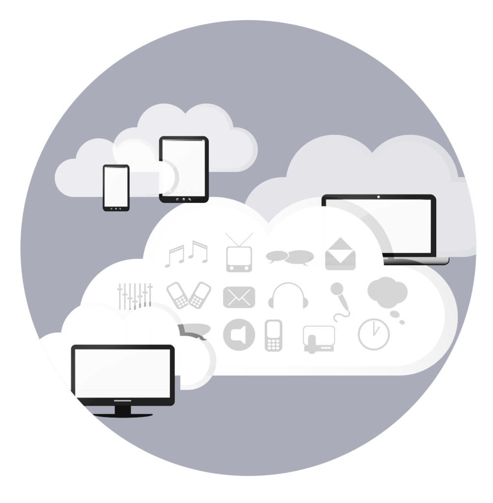 Illustration of various electronic devices connected to clouds representing cloud computing and data sharing, including smartphones, tablets, laptops, and desktops.