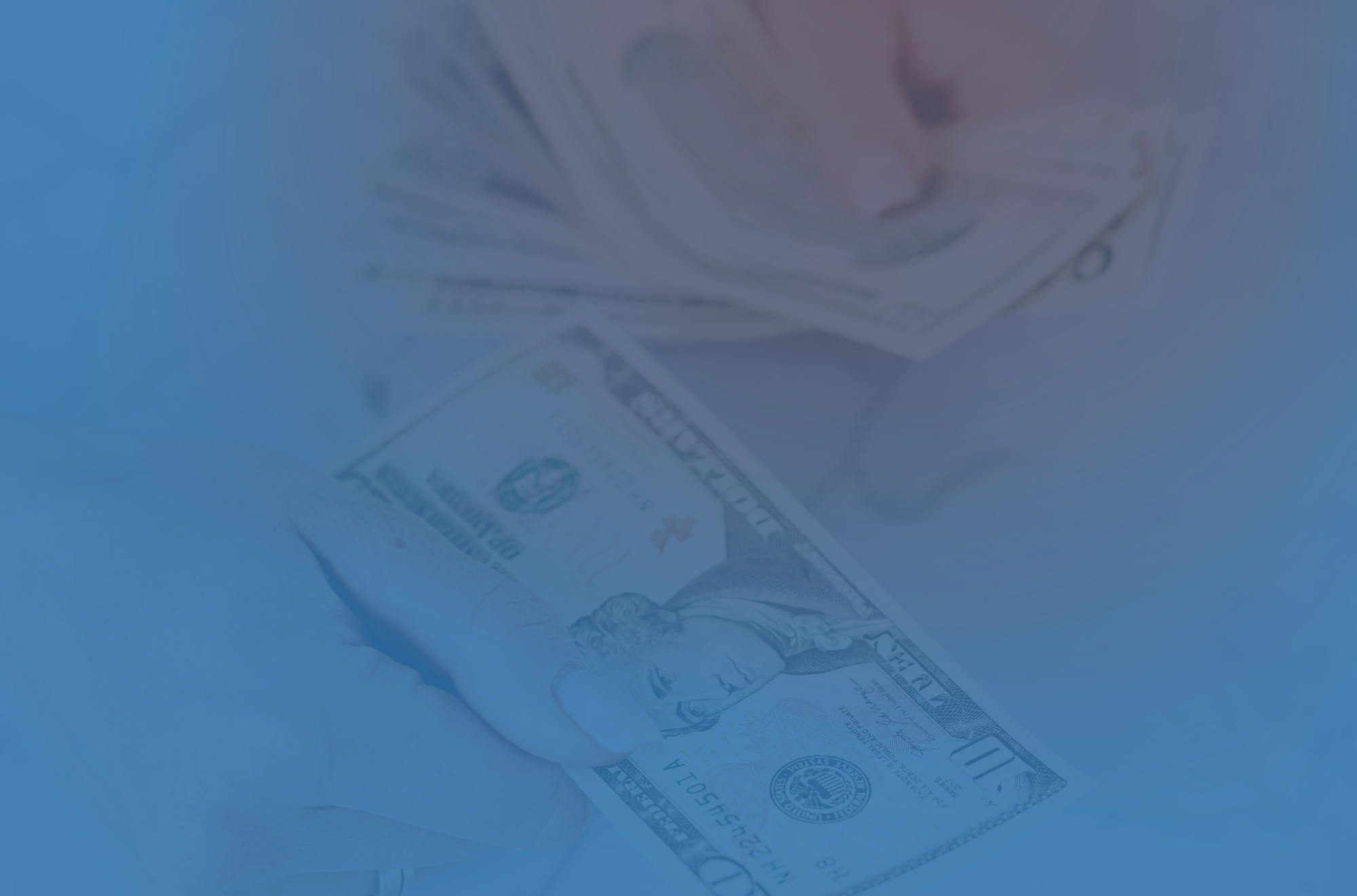 Blurred image of a US one hundred dollar bill with a blue overlay.
