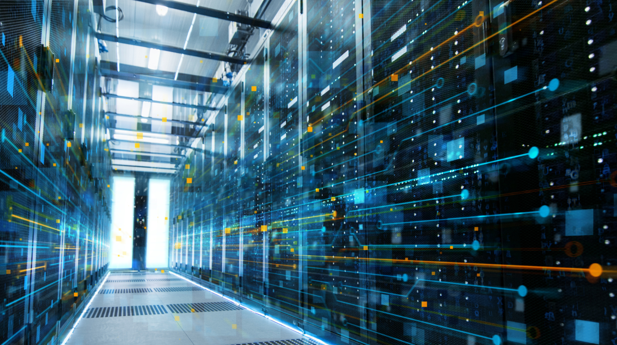 A hallway in a data center with server racks on both sides, overlaid with digital data graphics and lines representing technology and data transfer.