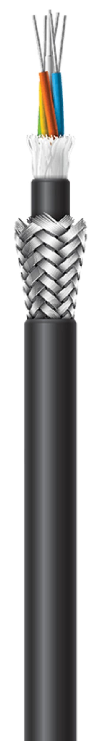 Close-up of a black and gray electrical cable showing multiple colored wires inside, including orange, blue, green, and white.