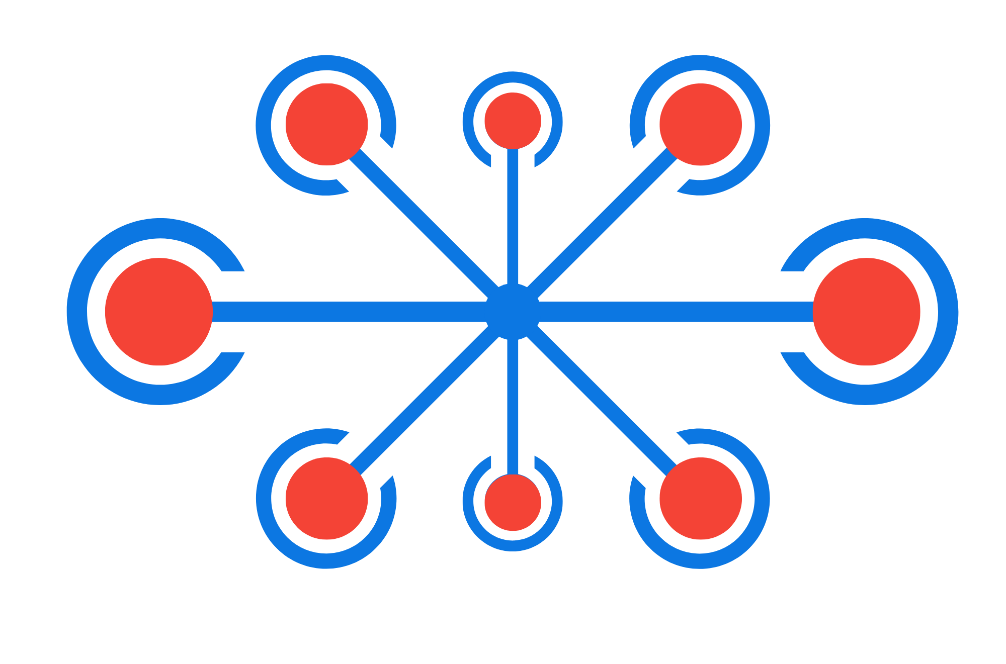 A digital illustration of point-to-multipoint connection with multiple points connecting to a center point.