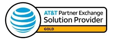 AT&T Partner Exchange Solution Provider logo with a blue globe icon, black and blue text, and a gold label reading 'GOLD'