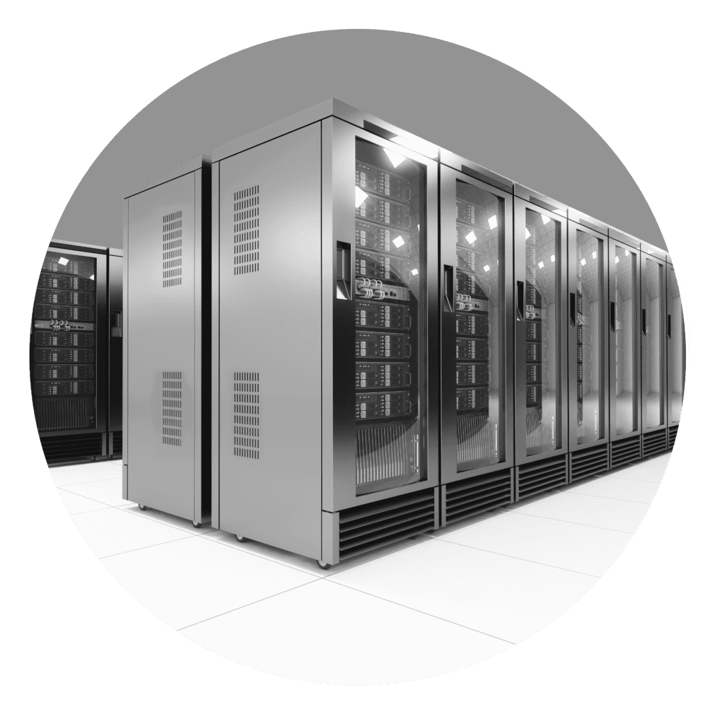 Row of server racks in a data center.