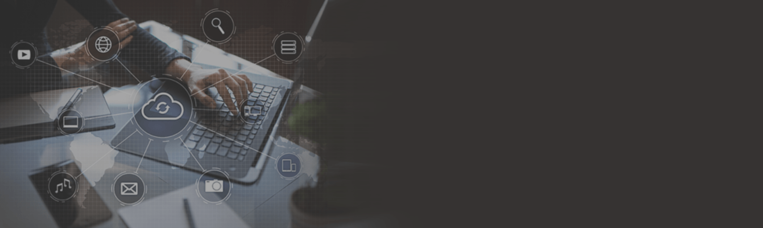 Person typing on a laptop with digital icons representing cloud storage, email, camera, music, and other applications overlaid.