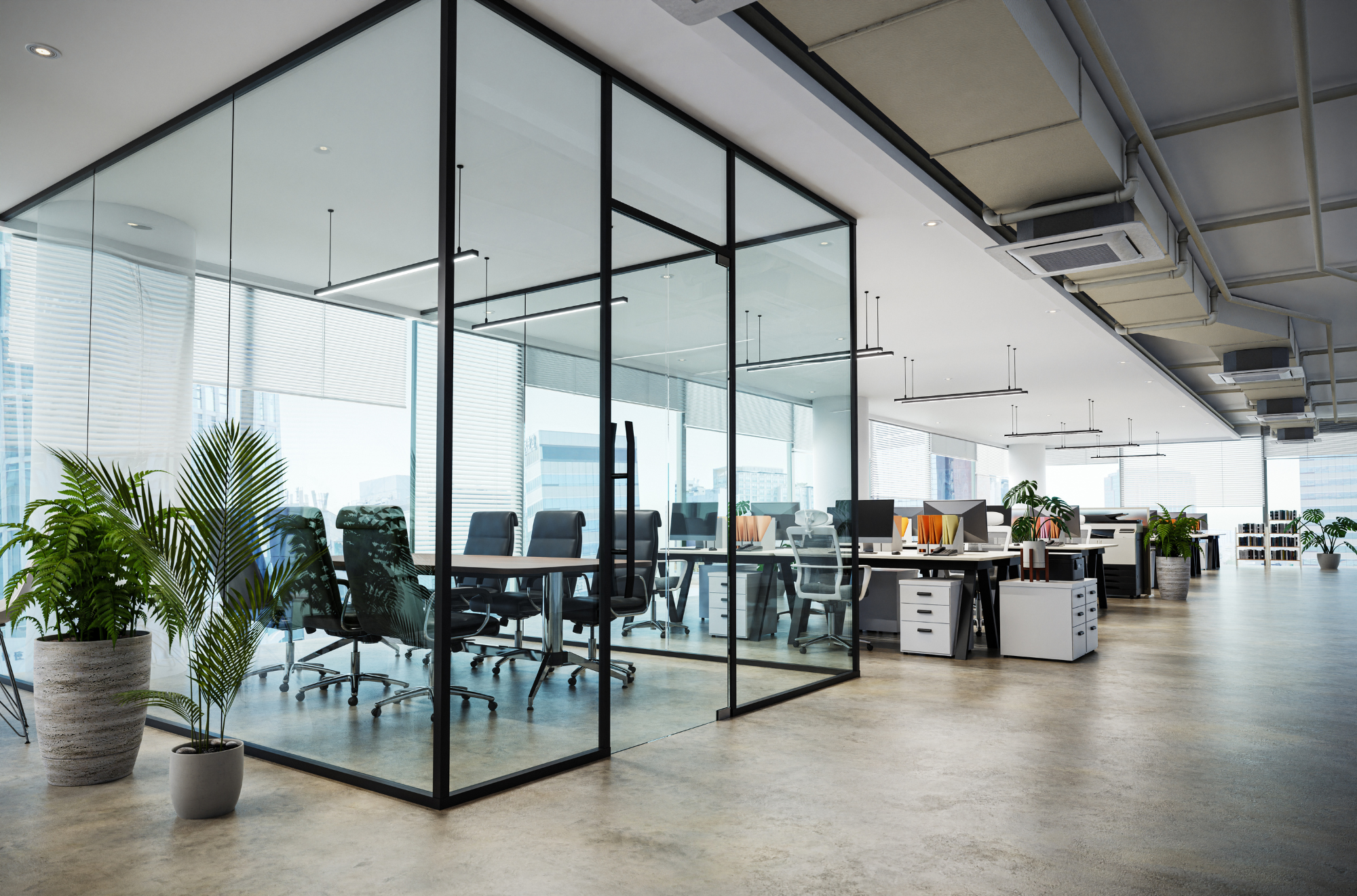 Modern office with glass partition, work desks, office chairs, potted plants, large windows with blinds, and ceiling-mounted lights.