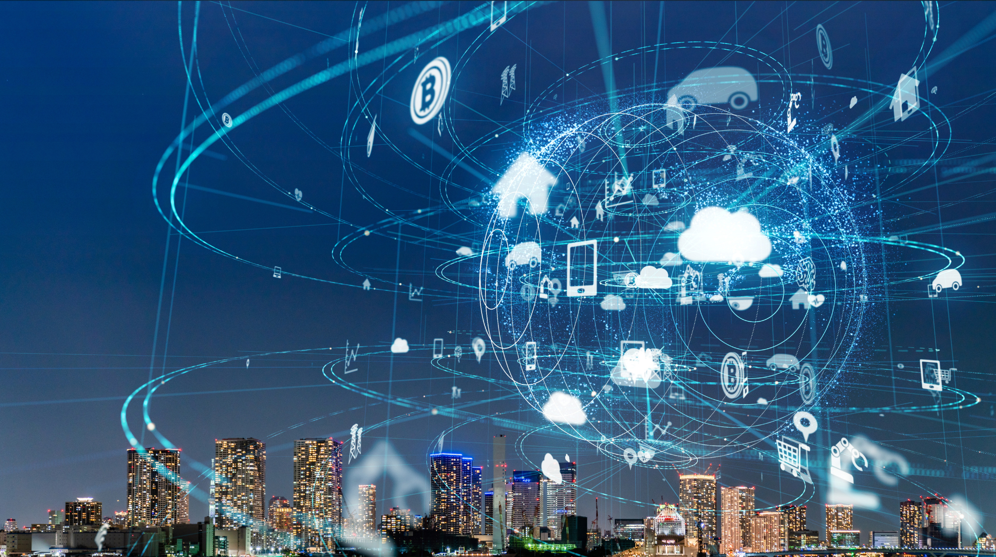 Digital overlay of interconnected cloud computing, AI, and technology icons above a city skyline at night.
