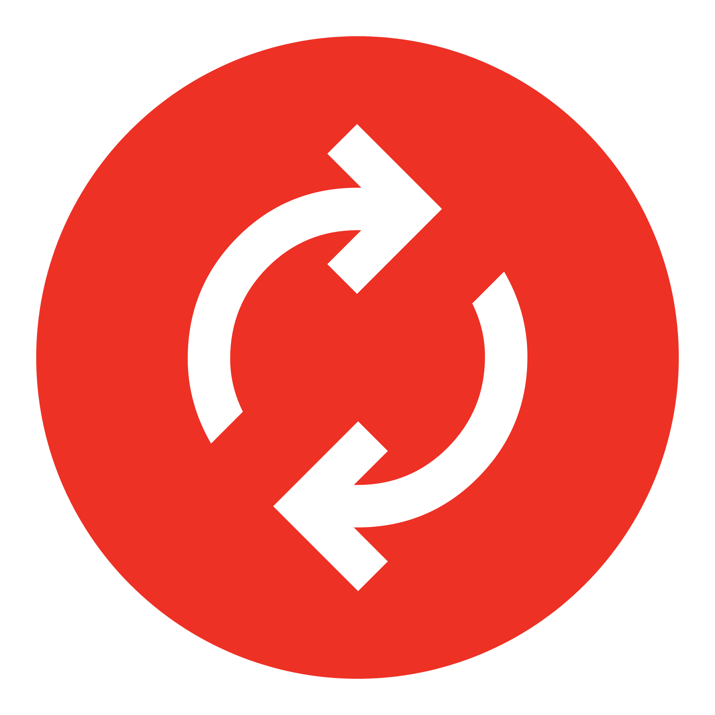 A red circle with two white, circular arrows pointing in opposite directions.