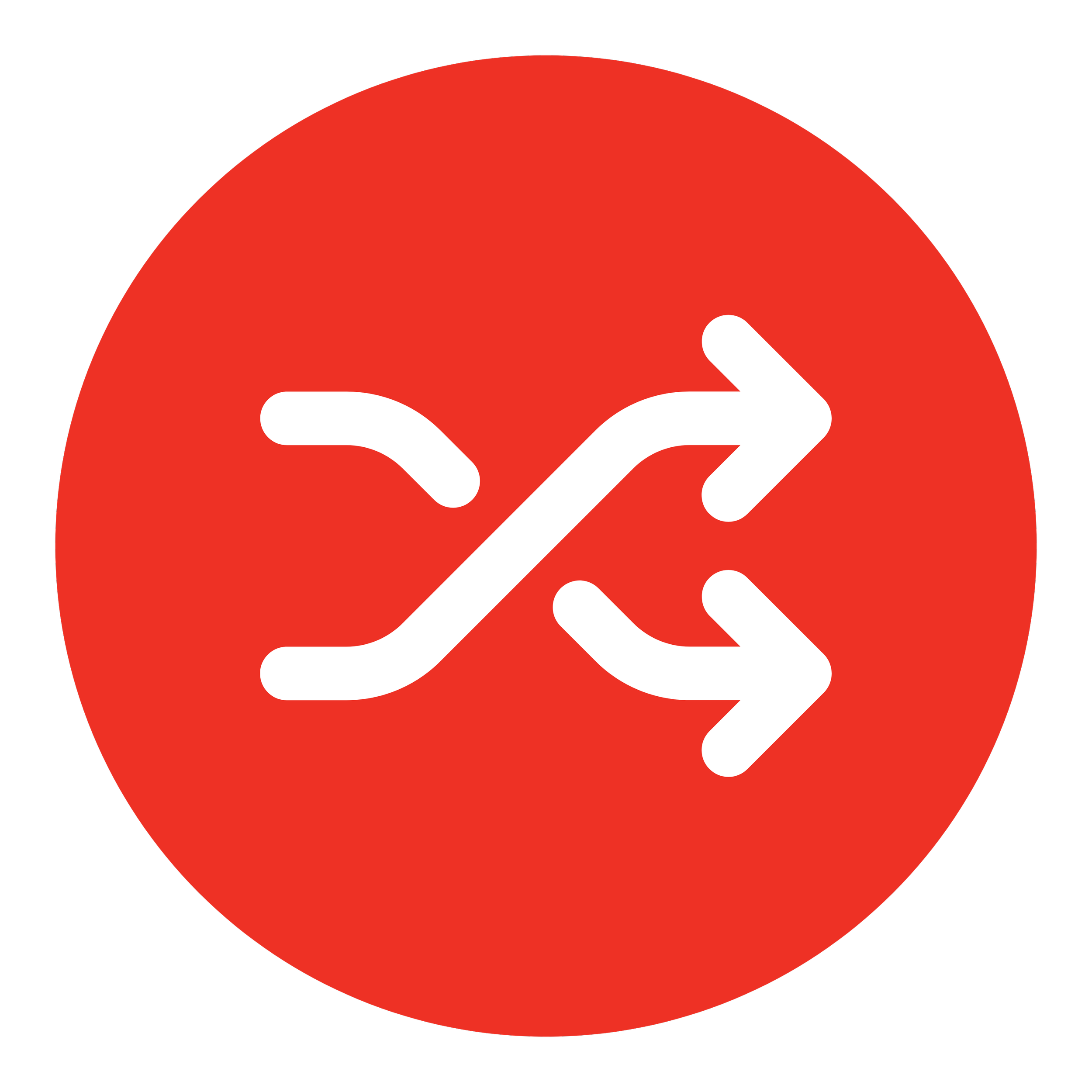 Red circle with two white arrows running parallel and crossing paths in the center.