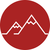 Simple line drawing of mountains icon in the center of a red circle.
