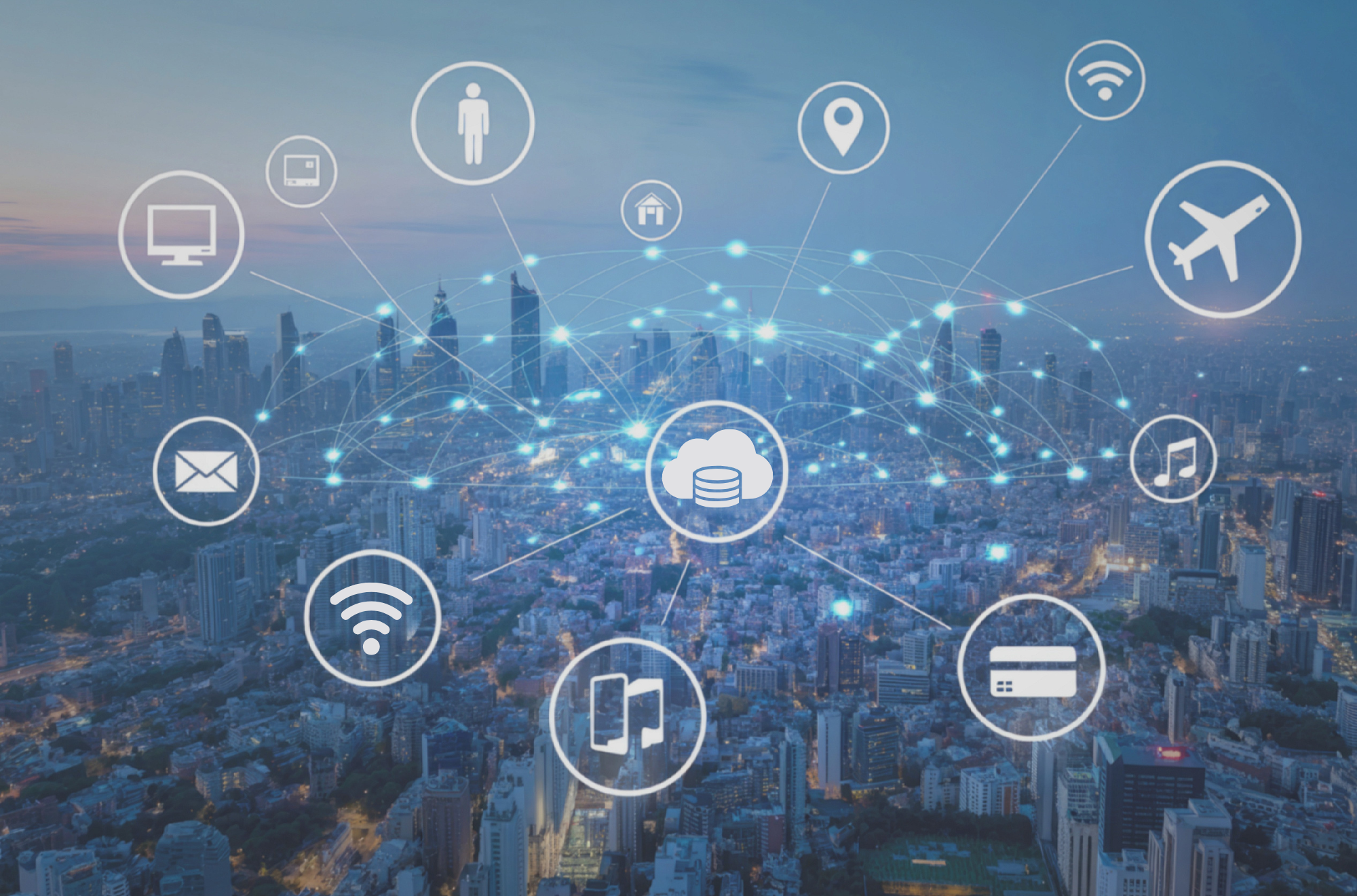 Digital overlay of communication and technology icons over city skyline at dusk, including computer, email, person, home, map, Wi-Fi, airplane, music, mobile phone, and database symbols connected by lines.