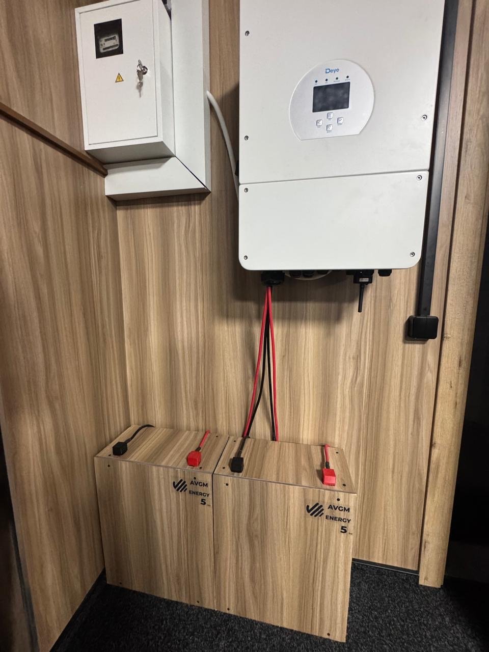 Electrical inverter system with metal enclosure, control panel, and two battery units in a wood-paneled room.