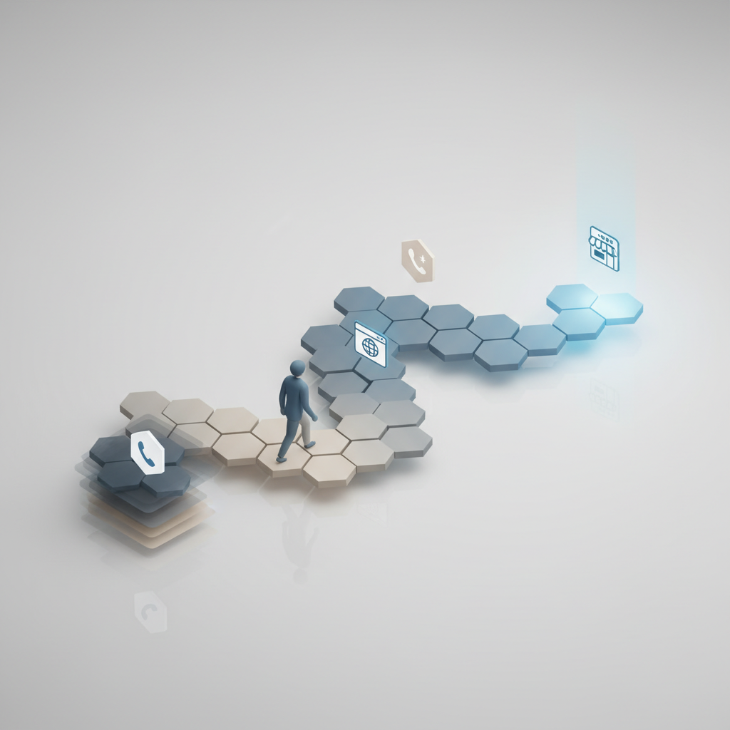 A person walking on hexagonal tiles with icons of phone, globe, calendar, and settings on a light background