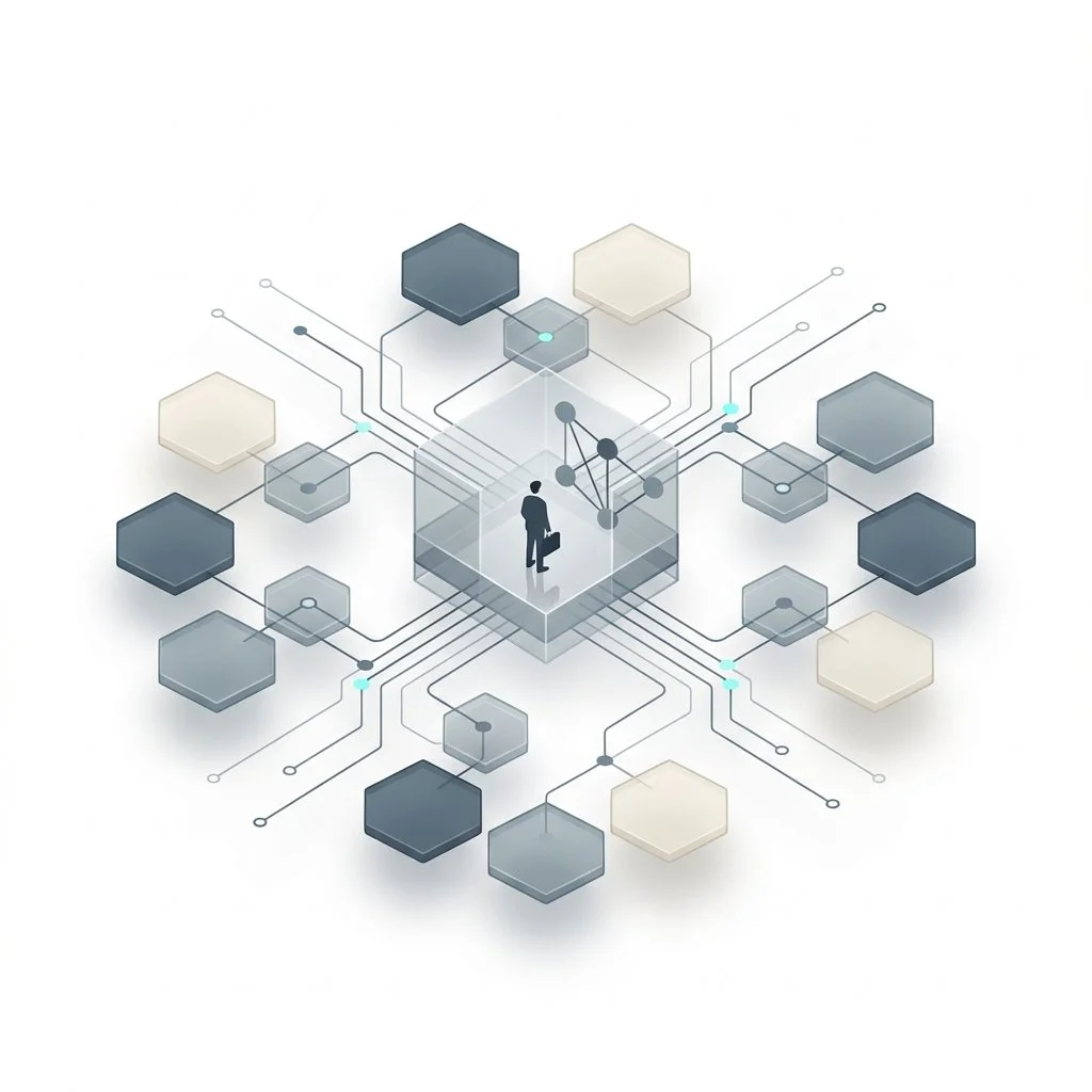 A person in a suit holding a briefcase standing inside a transparent cube surrounded by interconnected digital nodes and hexagons, representing a technological or blockchain network.