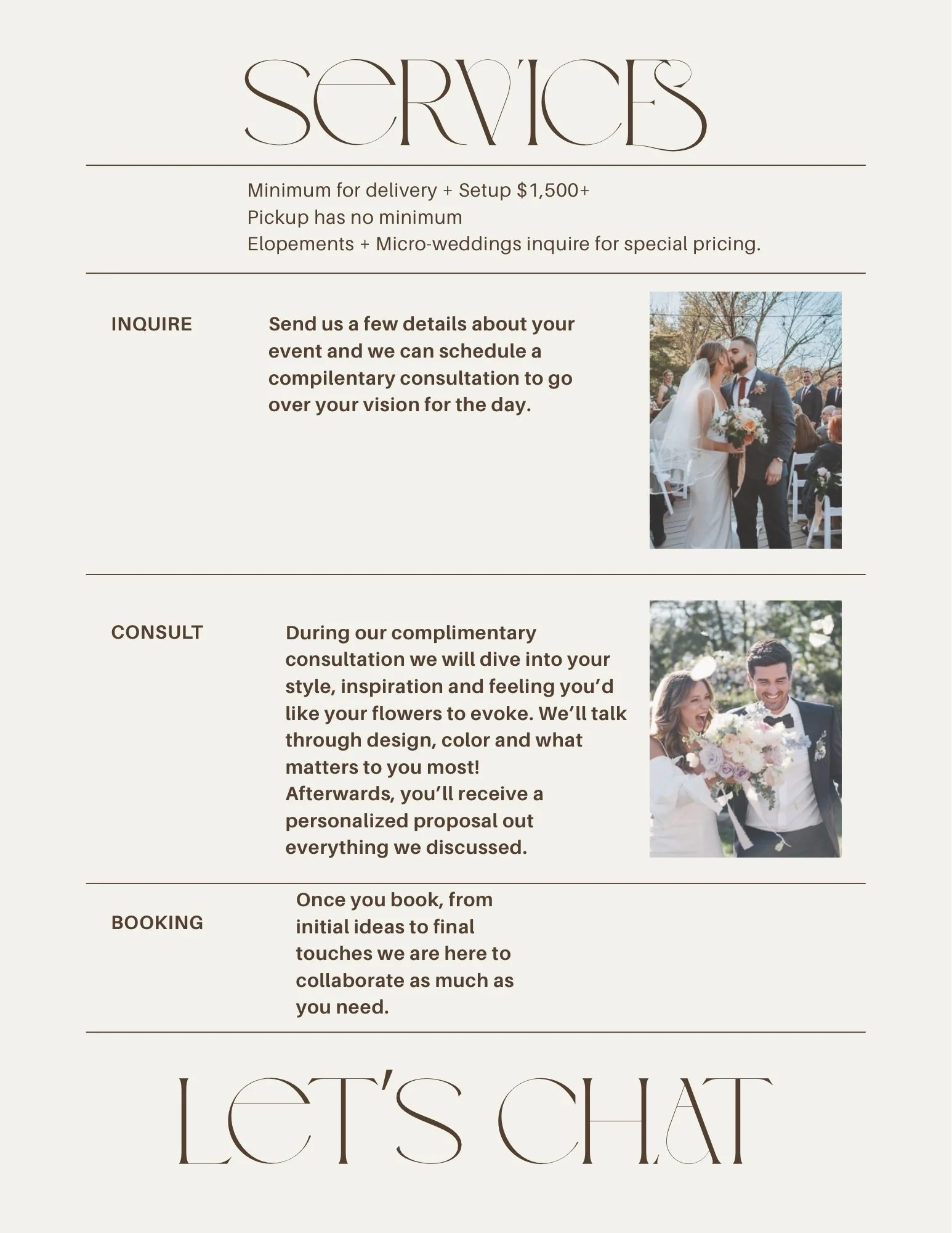 A service price list for wedding event planning, featuring three photos of couples at weddings, with elegant fonts and the heading 'Let's Chat' at the bottom.