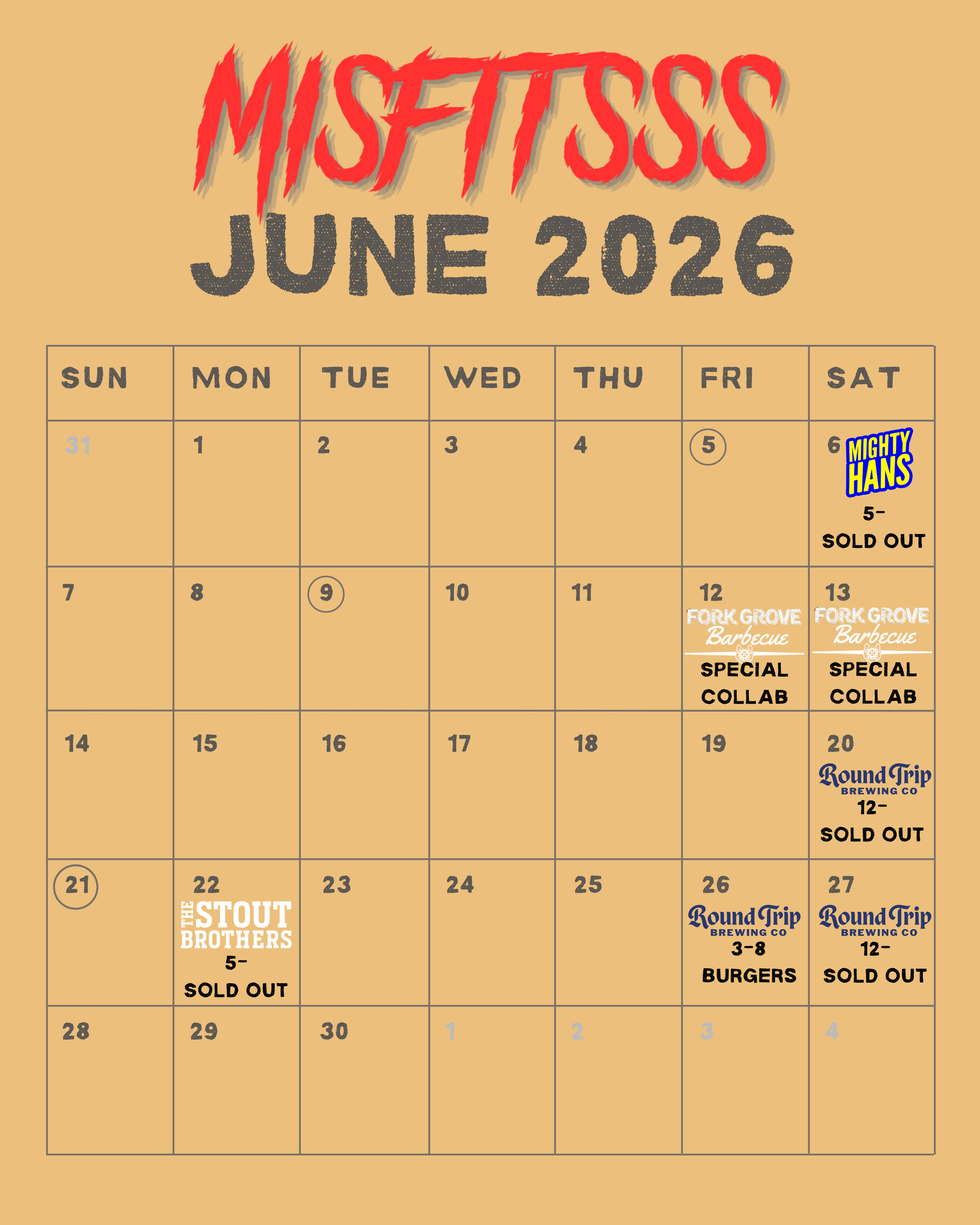 A calendar for June 2026 with various event advertisements and sold-out notices. Notable events include a barbecue special at Fork Grove, a collaboration at Round Trip Brewing Co., and a Stout Brothers event, all marked as sold out. The calendar has a beige background with black, red, yellow, and white text.