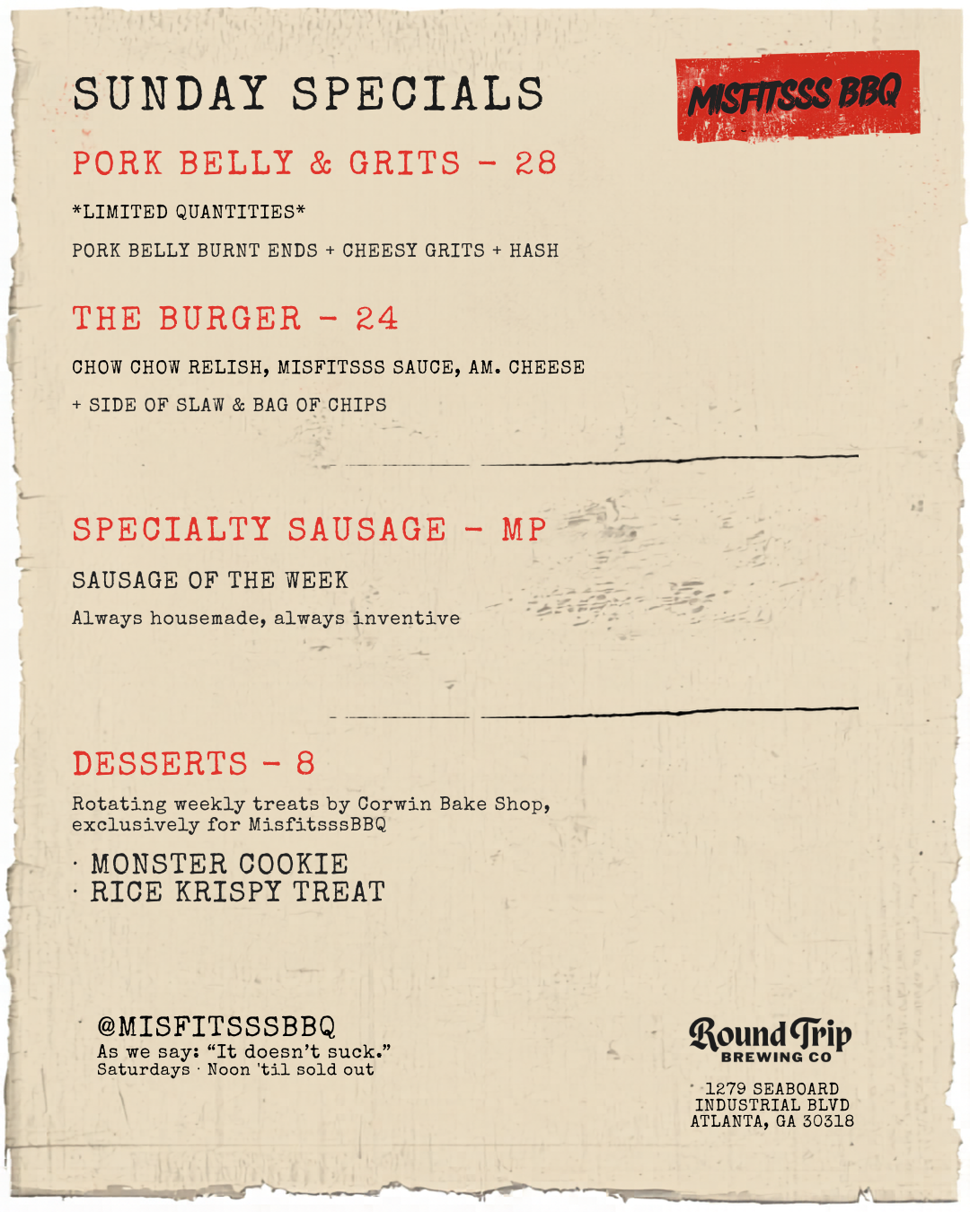Menu listing Sunday specials at Round Trip Brewing Co. including Pork Belly & Grits, The Burger, Specialty Sausage, and Desserts.