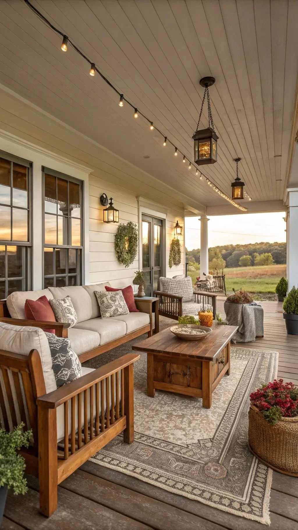 Covered porch renovation with comfortable seating and outdoor lighting at an existing home in East Tennessee.