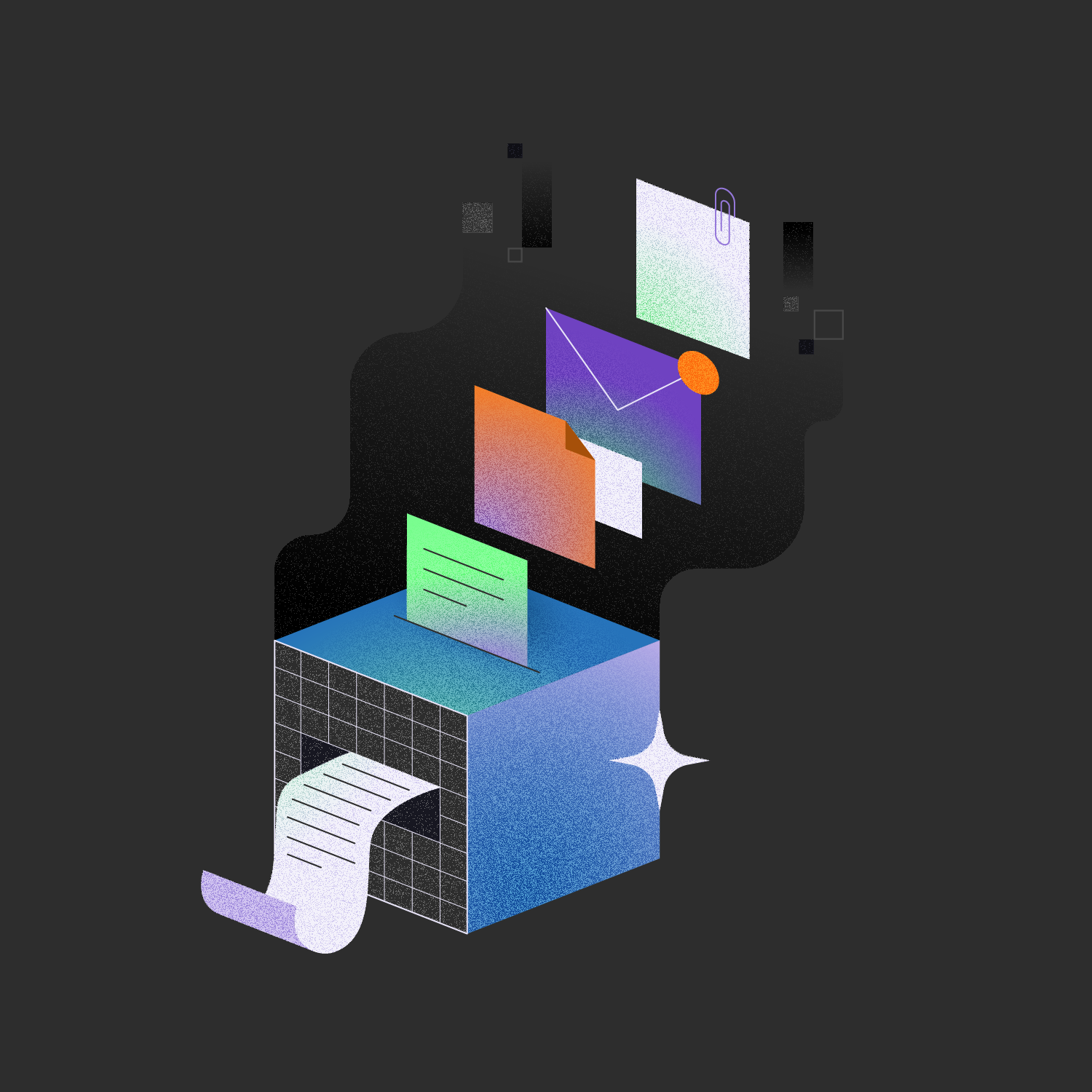 Abstract digital illustration of a printer with papers and various floating digital documents or screens emerging from it, set against a dark background.