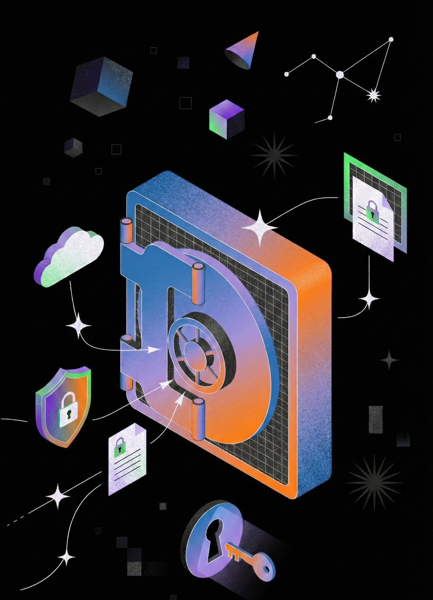 Digital illustration of data security, featuring a large safe with various security icons, including padlocks, a key, and cloud storage, floating around a dark background.