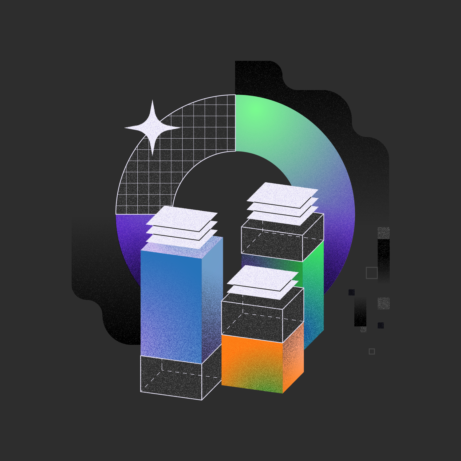 Digital abstract illustration featuring colorful 3D bar graphs, geometric shapes, and a star, set against a dark background with gradient and grid patterns.
