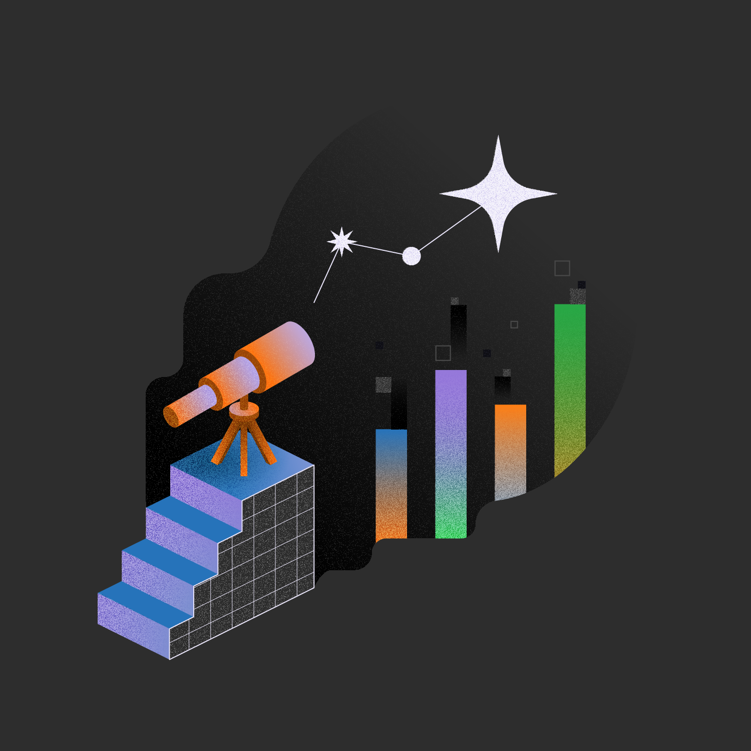 An illustration of a telescope on steps looking at star charts and graphs with the night sky in the background.