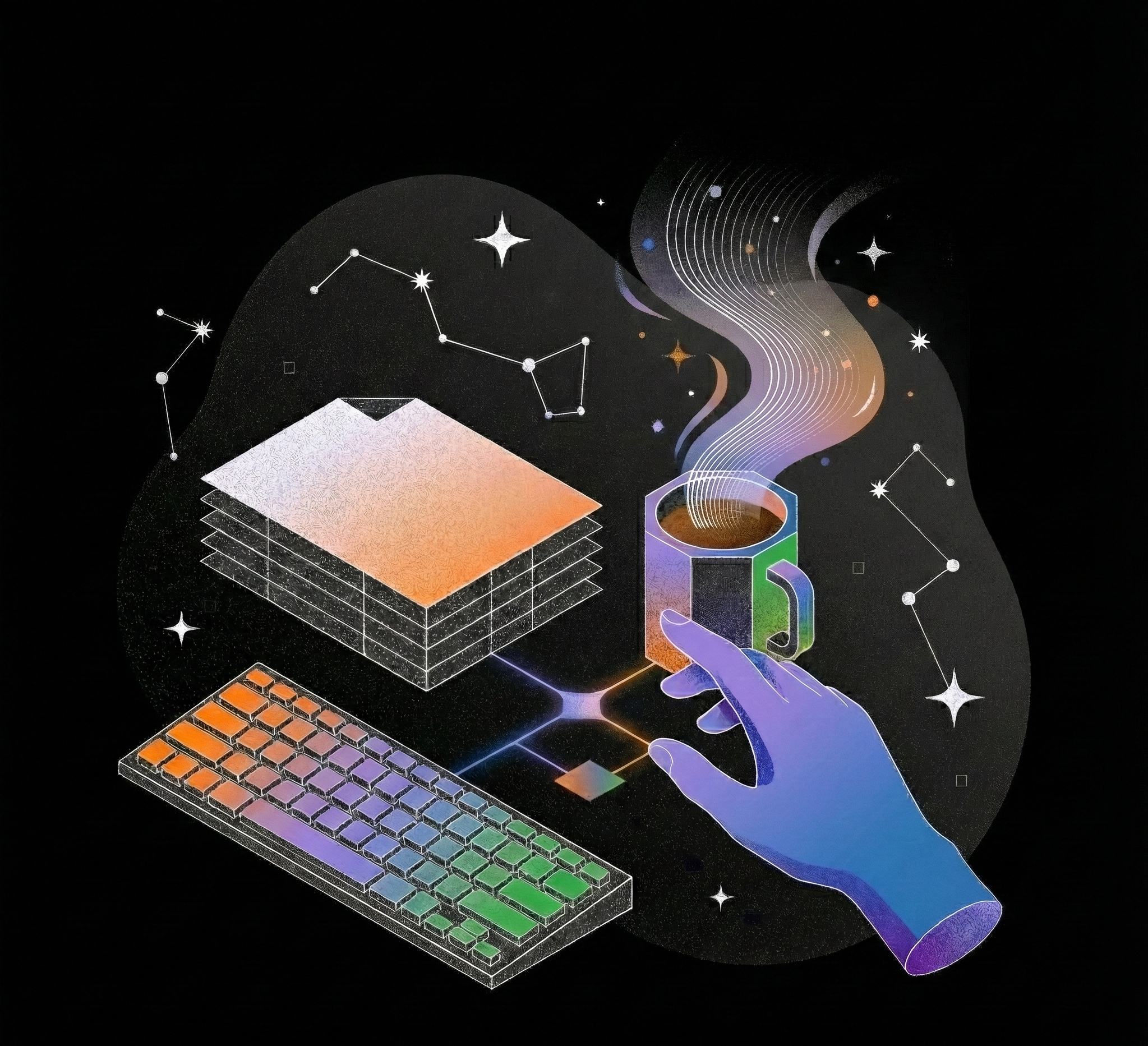 A futuristic digital illustration featuring a hand holding a steaming cup of coffee, a colorful keyboard, a layered stack of papers or screens, surrounded by star constellations and small celestial objects, all set against a dark background.