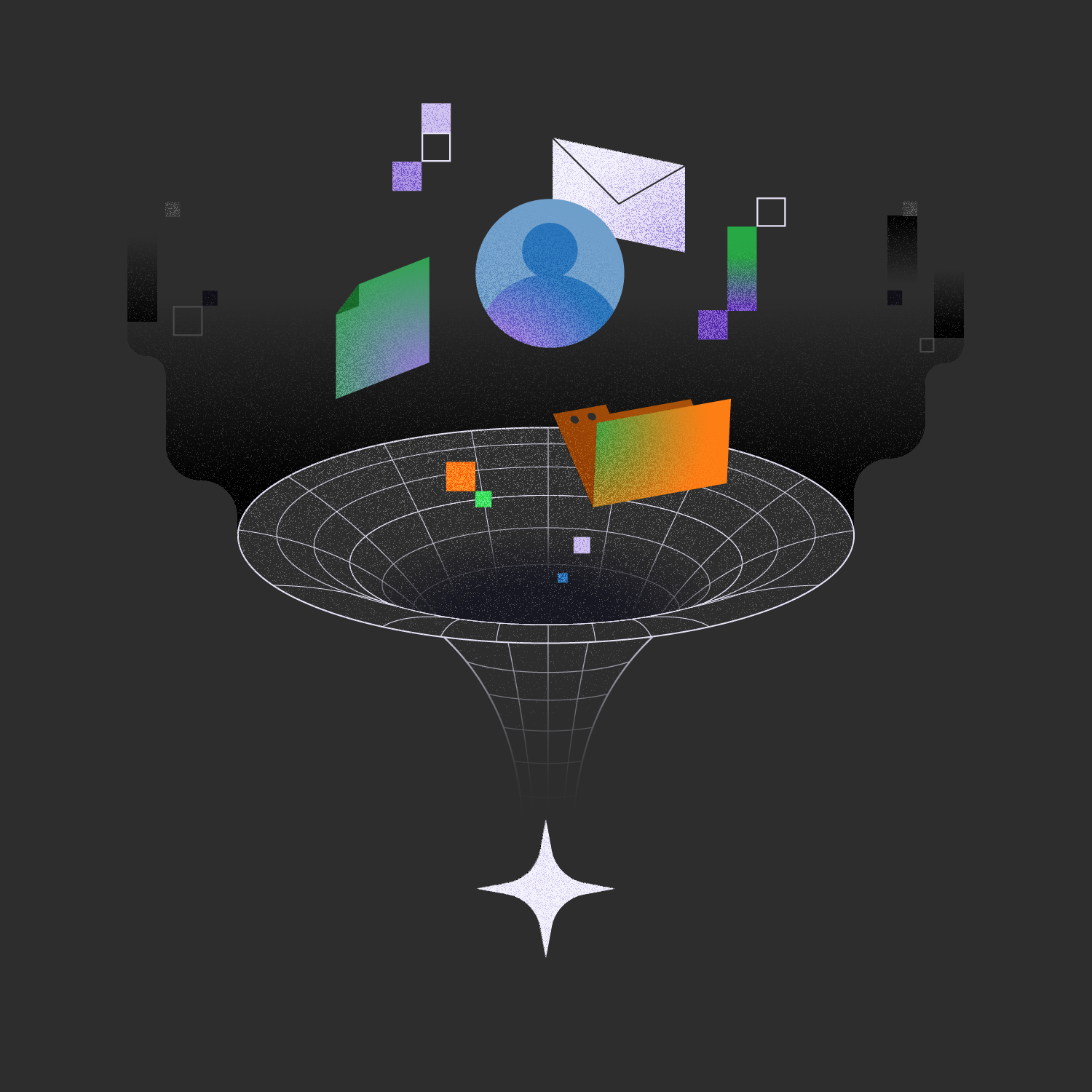 Abstract digital illustration of a funnel with data visualization elements like folders, squares, and an email icon emerging above, set against a dark background.
