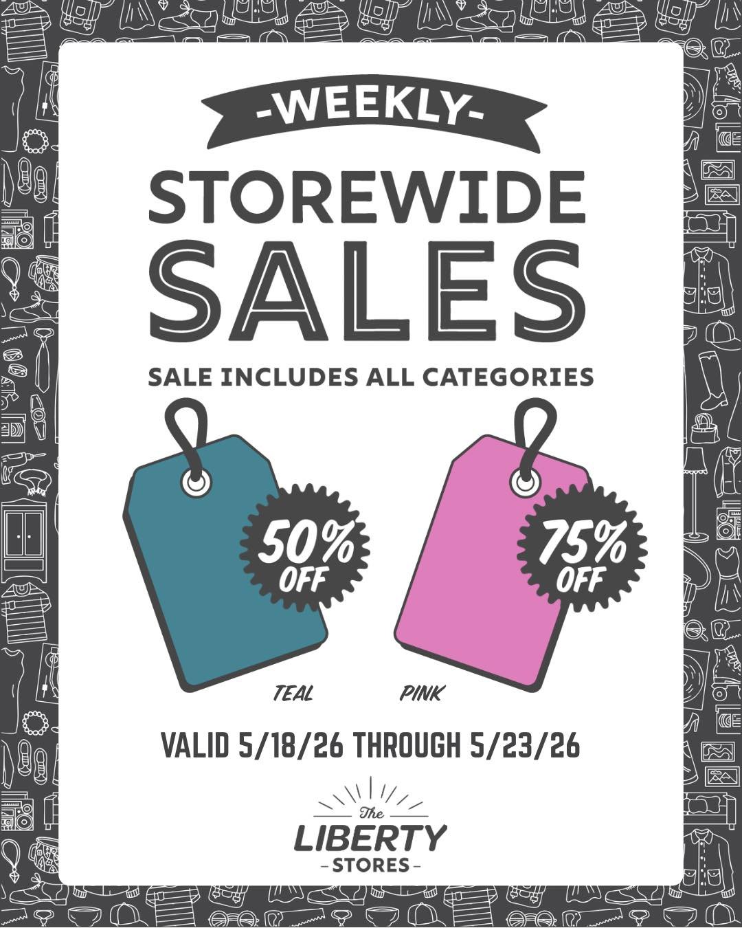 Fresh week, fresh finds at The Liberty 🙌

Our Weekly Storewide Sale is here:
🟢 Teal tags &ndash; 50% OFF
💗 Pink tags &ndash; 75% OFF

Every aisle is included - clothing, shoes, home goods, and more - so it&rsquo;s the perfect time to stop in and s