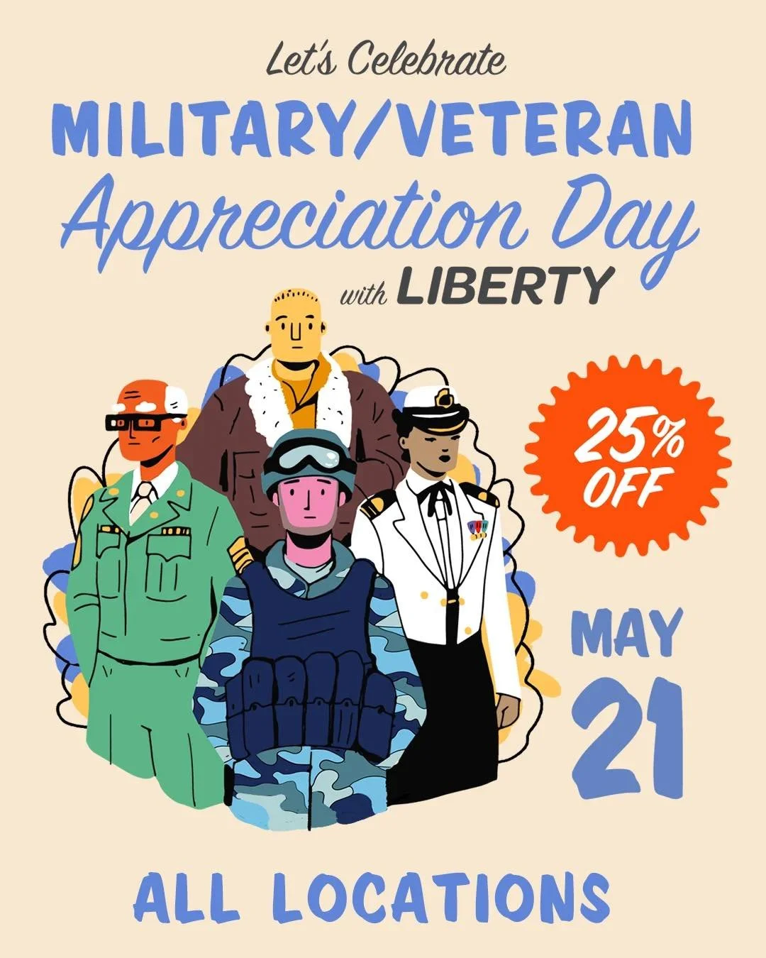 🇺🇸 Military &amp; Veteran Appreciation Day 🇺🇸

On May 21st, we&rsquo;re proud to honor the brave men and women who have served our country at all locations!

As a small thank you for your service and sacrifice, we&rsquo;re offering 25% OFF your e
