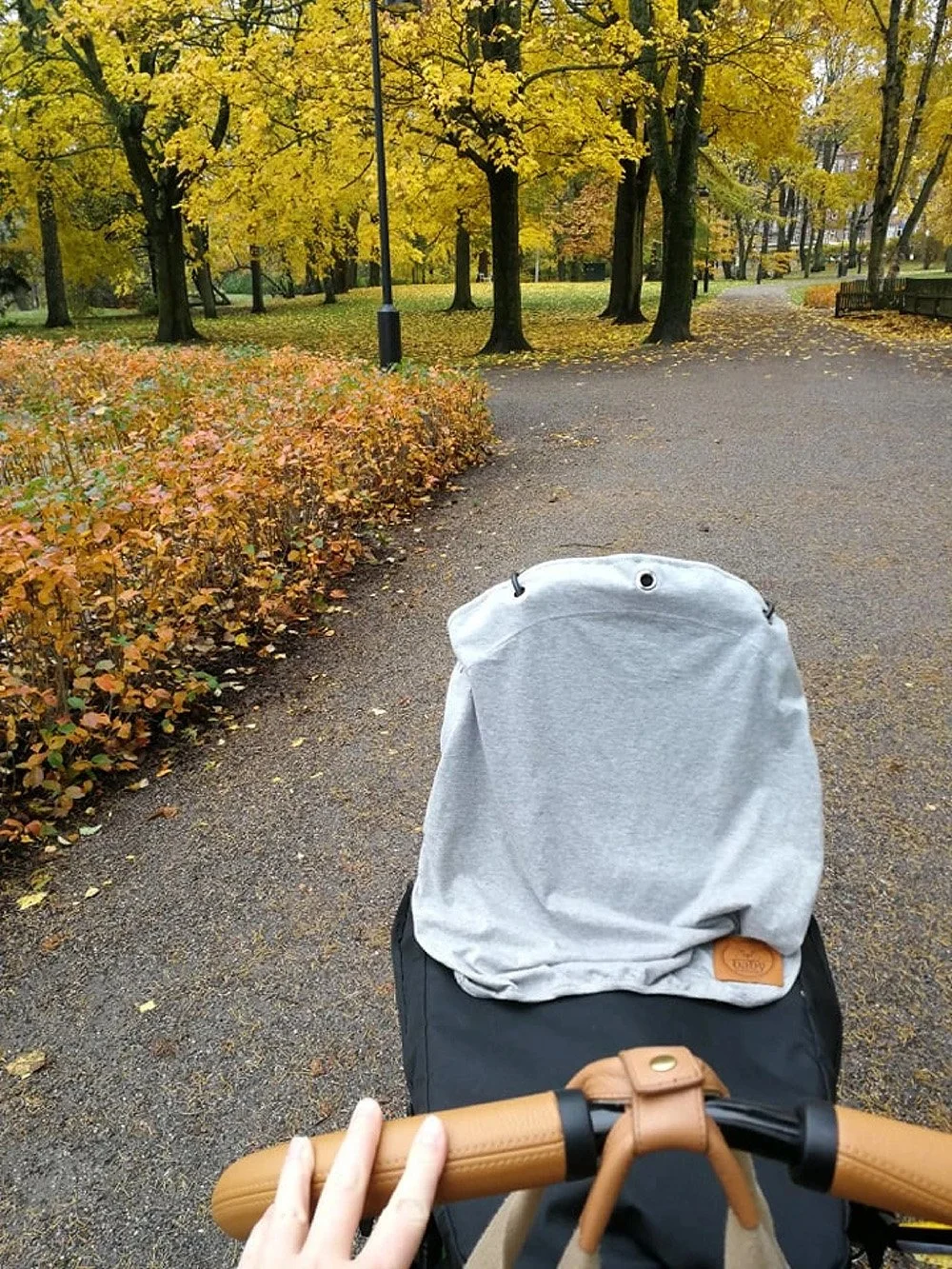 Kuvassa lastenvaunu liikkumassa puistossa syksyllä, puiden lehdet keltaisina ja osa maasta jäänyt lehtiä.