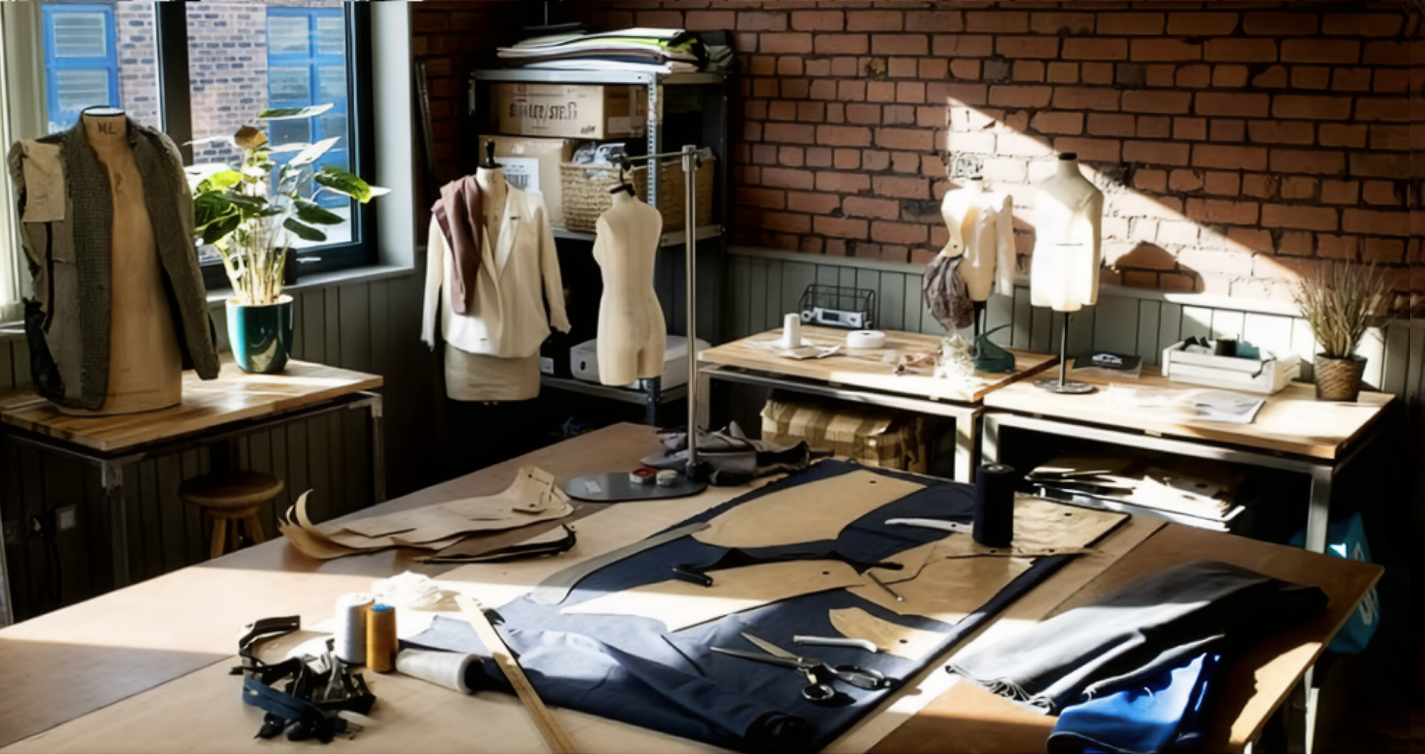 A sewing or fashion design workshop with dress forms, fabric, scissors, and sewing tools on tables and shelves, illuminated by sunlight from a window.