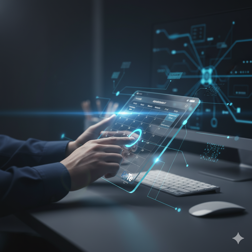 Person interacting with a transparent touchscreen device displaying a digital calendar, with data and graphs projected in a high-tech environment.
