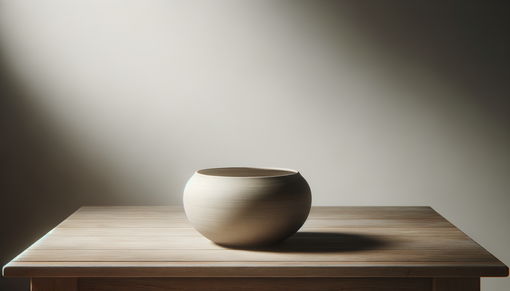 A plain, round beige ceramic bowl on a wooden table with soft light and shadows.