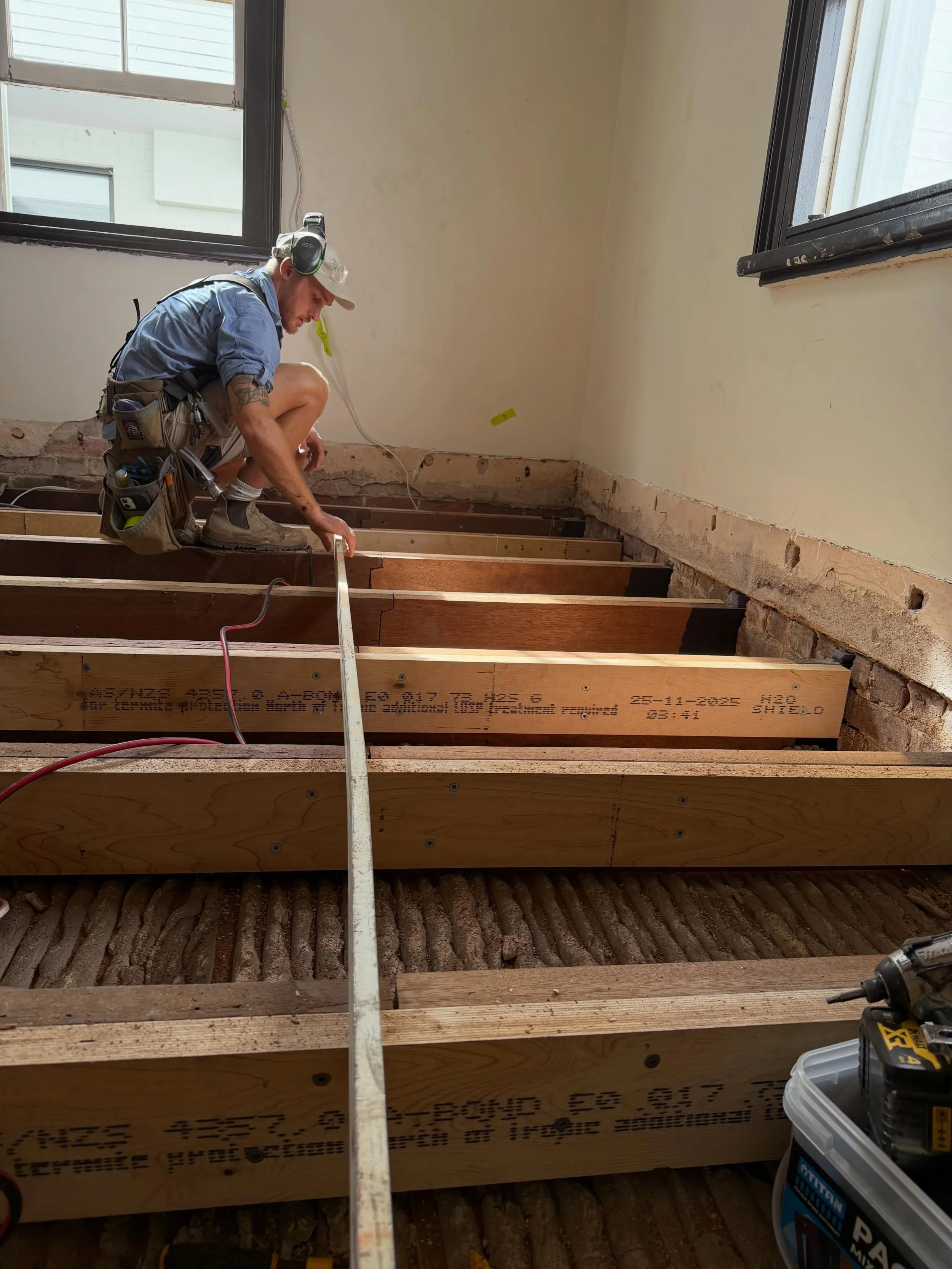 HERITAGE - Challenging floor repair. Removing the old damaged hardwood joists and reinstating merbau, while laminating some new lvl&rsquo;s for strength. This allows us to maintain the original ceiling below. Good to work with @cambrown_carpentry as 