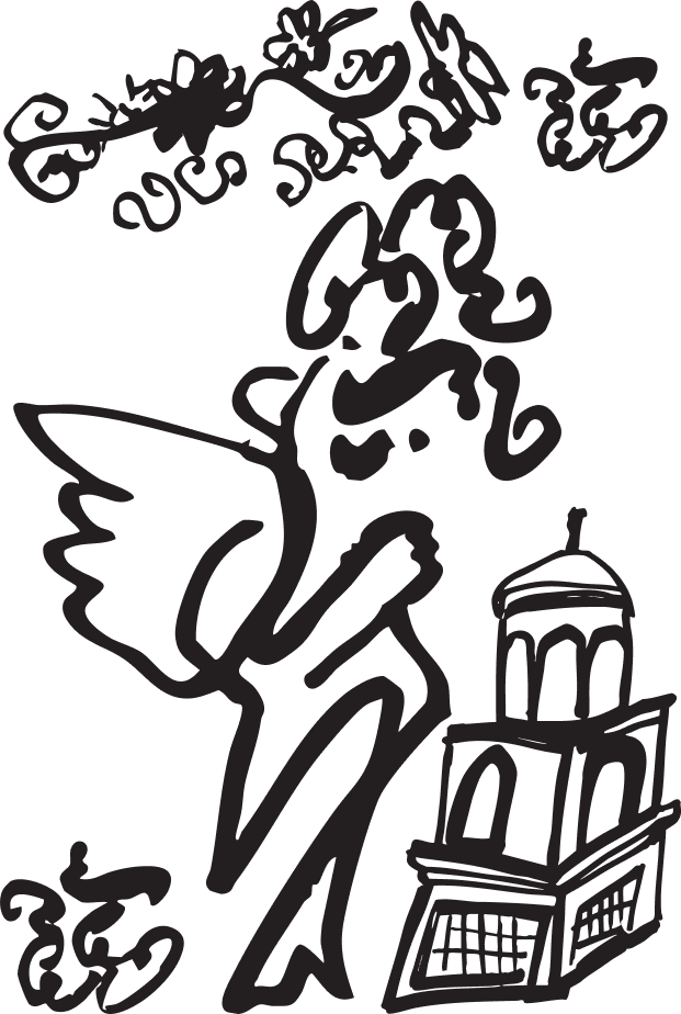 Une illustration d'une fée avec des ailes, entourée de fleurs, volando près d'un bâtiment avec un dôme et une tour.