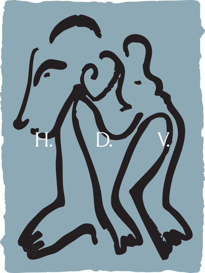 Illustration minimaliste de deux personnes assises, se regardant et se touchant les mains, avec lettres H, D, V indiquant différentes parties.