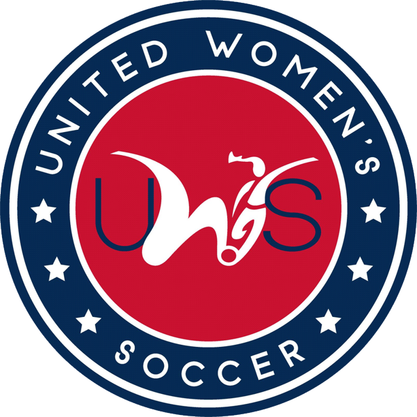 U.S. Women's Soccer logo with a red center, white stylized wings, and navy blue outer circle with white stars and text.