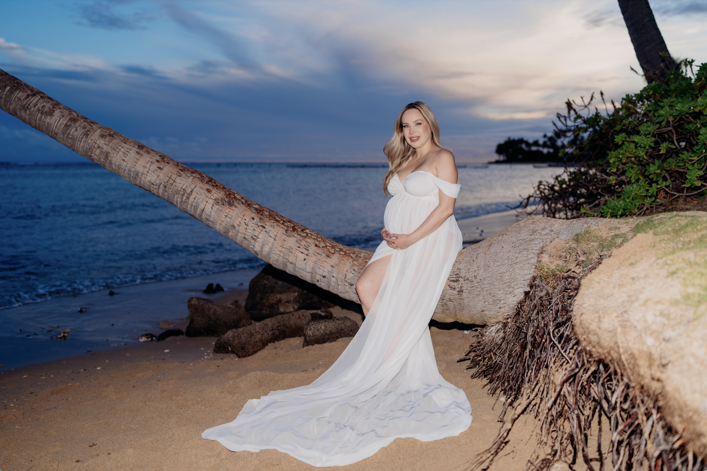 A pregnant woman in a flowing white dress stands on a sandy beach next to a leaning palm tree during sunset or twilight, with the ocean and a cloudy sky in the background.