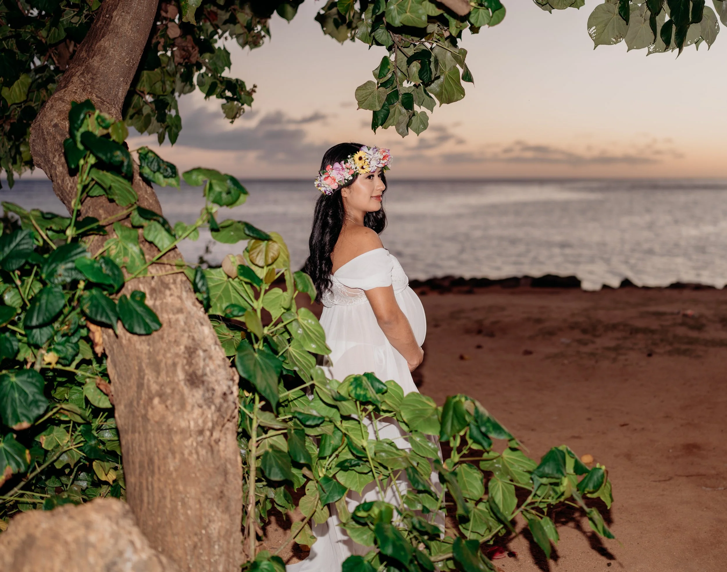 A pregnant woman in a white dress and a flower crown stands on a beach at sunset, partially hidden by leafy green plants and a tree, with the ocean and a cloudy sky in the background.