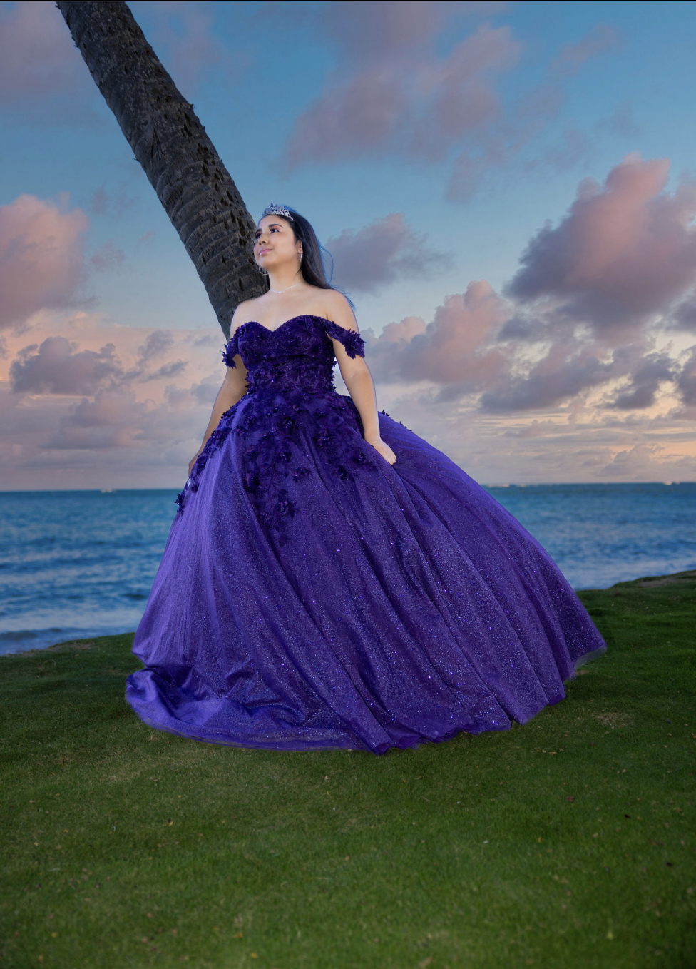 A woman in a purple ball gown standing next to a palm tree near the ocean at sunset.